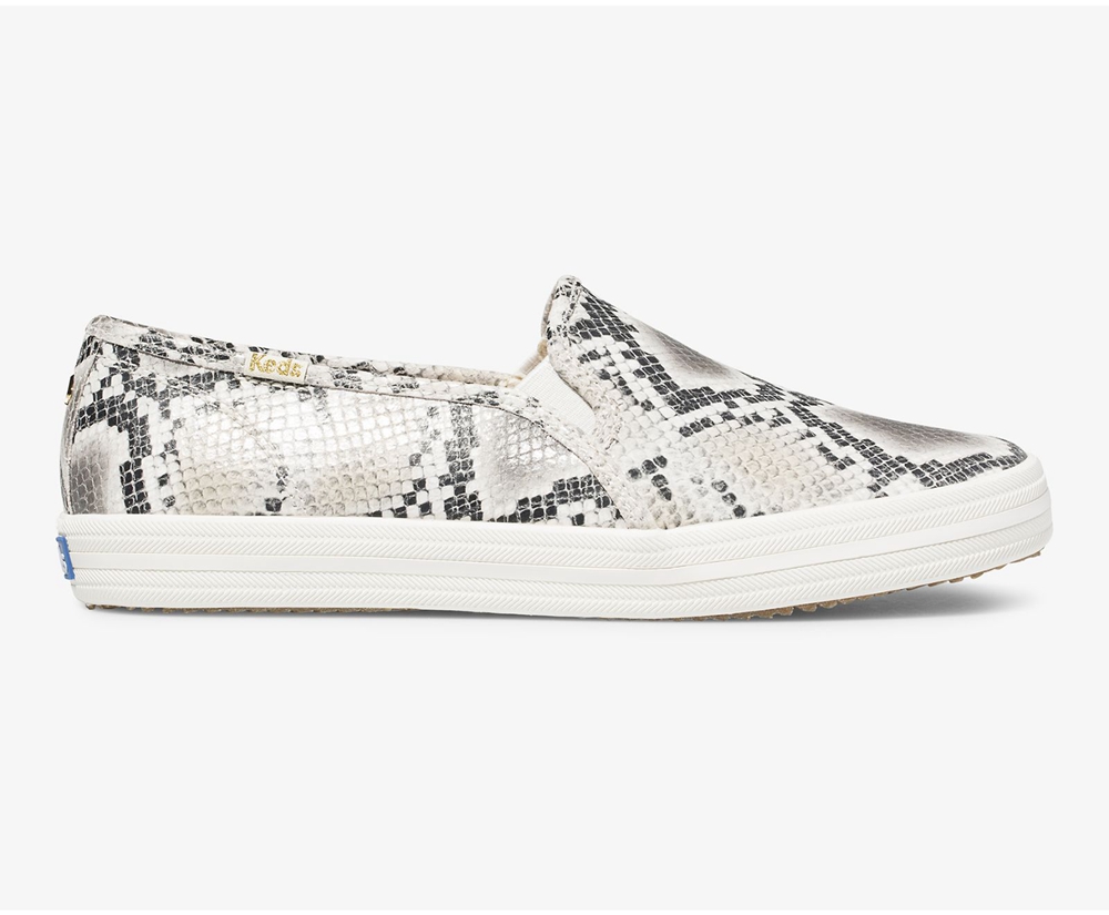 Slip On Γυναικεια - Keds Kate Spade New York Double Decker Snake Δερματινα - Λευκα/Μαυρα - QLTZR7243